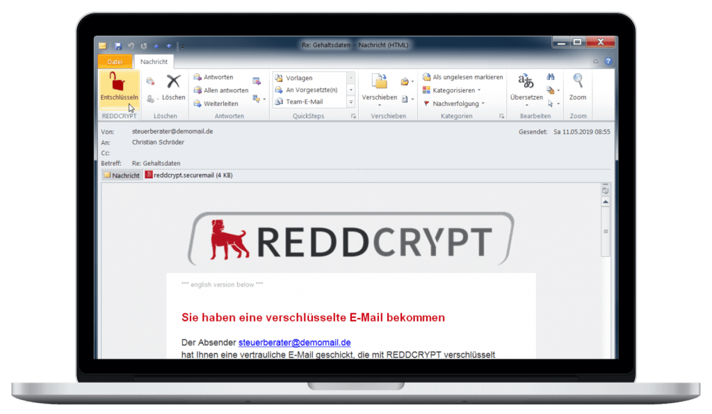 Die Entschlüsselung eingehender E-Mails erfolgt innerhalb von Outlook mit einem Klick