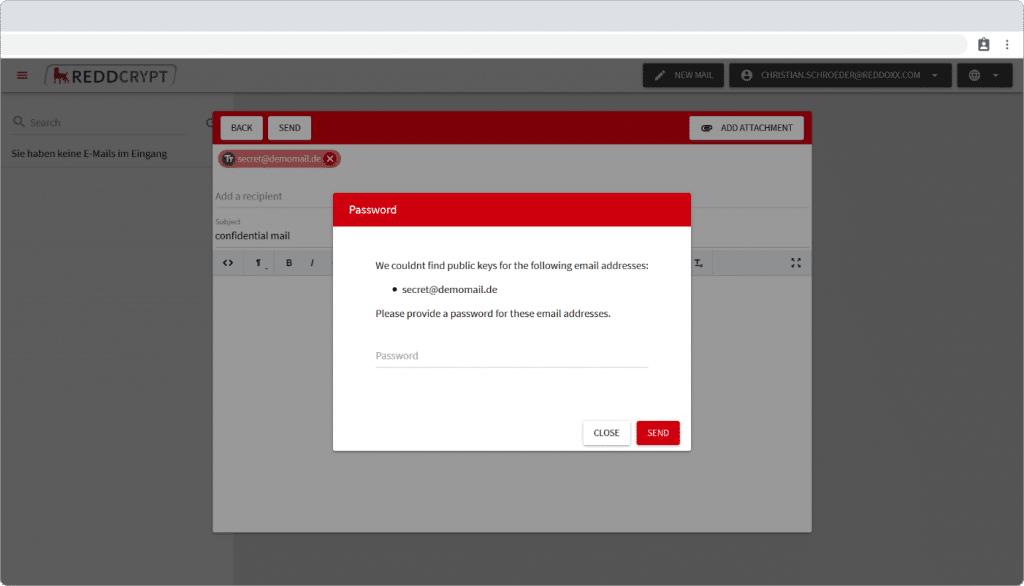 If no public key is available for the entered email address the sender has to define a random passphrase