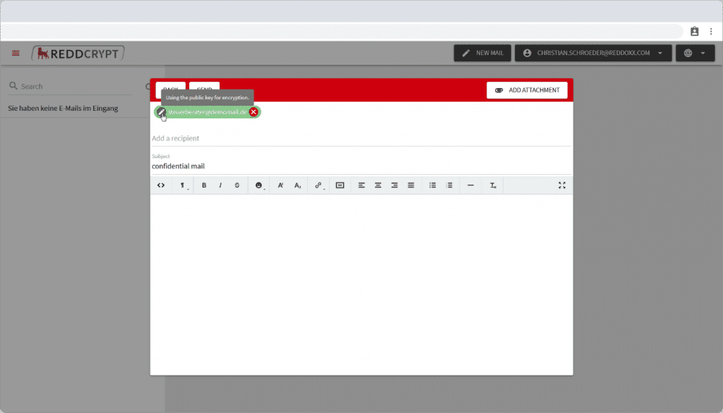 If the recipient is already a user of REDDCRYPT, his public key is already stored on our servers and is downloaded to encrypt the session key