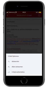 Sie können aus der Smartphone App heraus E-Mails beantworten oder an andere Empfänger weiterleiten