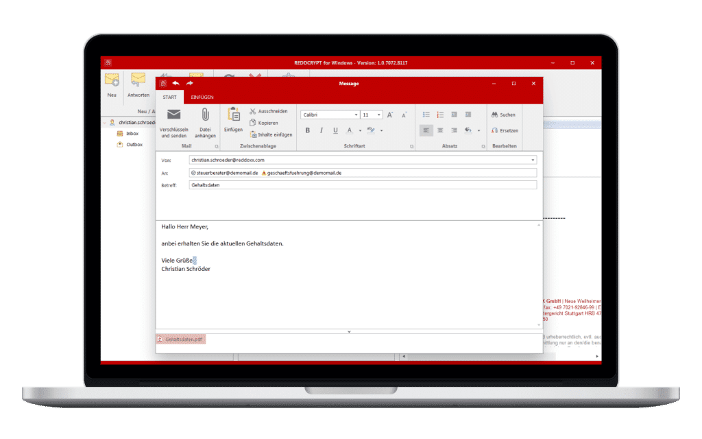 Die Windows App von REDDCRYPT stellt sich wie ein Mailclient dar und ist dadurch intuitiv bedienbar