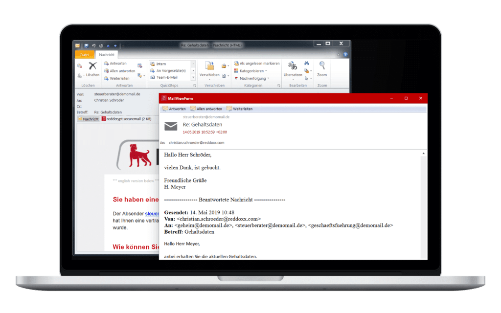 Die verschlüsselte E-Mail ist über die Windows App jederzeit lesbar
