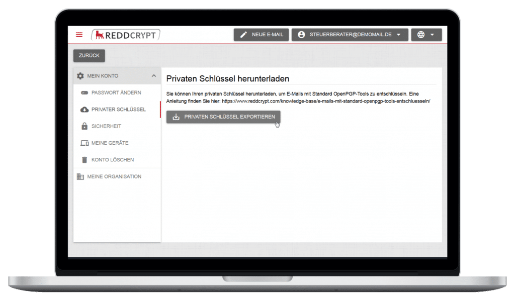 Das private Zertifikat kann in der REDDCRPYT Web App heruntergeladen werden