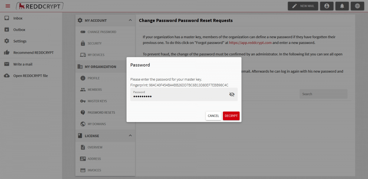 Resetting the password with the master key